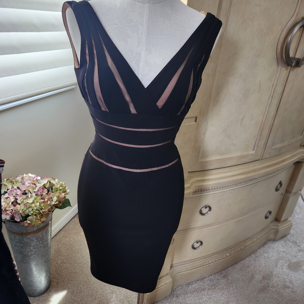 Cache Elegant Black and Pink Striped Midi Dress